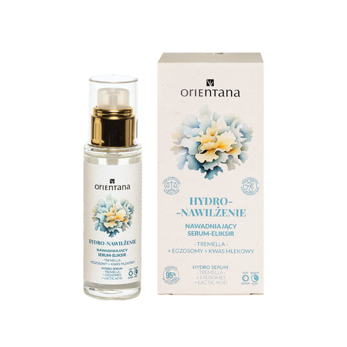 Serum eliksir w szklanej butelce z pompką a obok kartonik