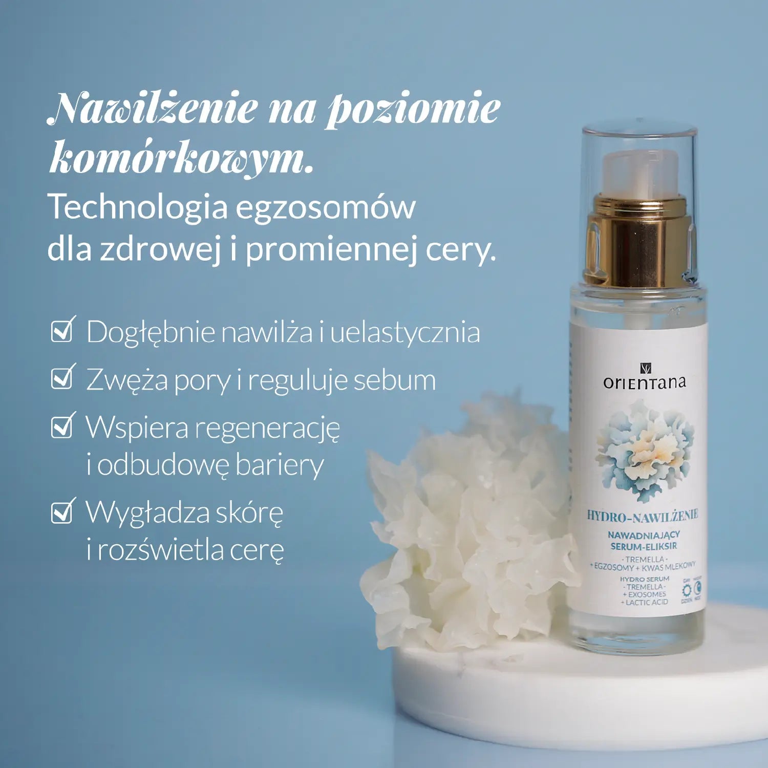 Serum eliksir nawilża na poziomie komórkowym. Technologia egzosomów sprawia, że skó®a jest zdrowa i promienna. Pory są zwężone, a sebum uregulowane. Serum wspiera regenerację i odbudowę bariery skóry.