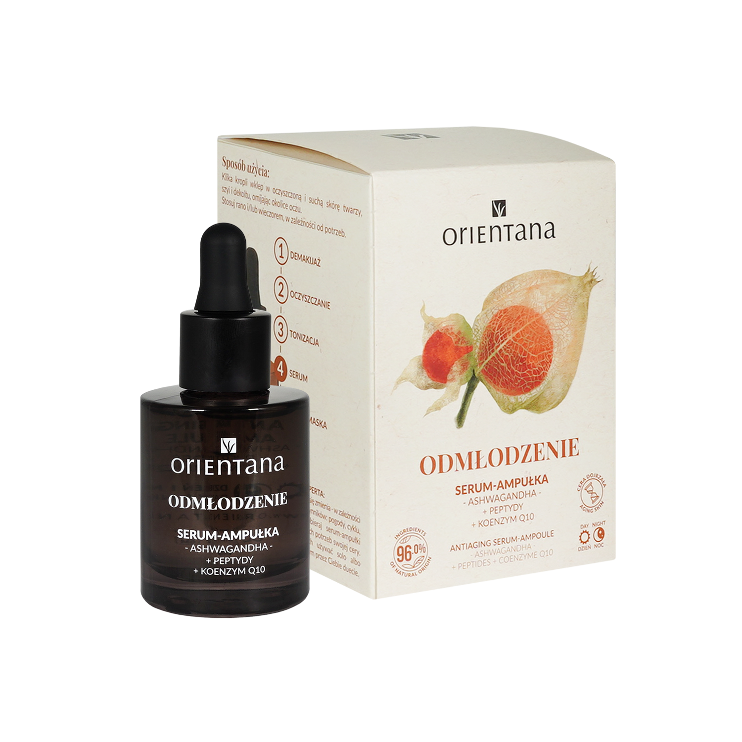 Odmładzające serum Koenzym Q10 i Peptydy w szklanej buteleczce z pipetą oraz eko kartoniku