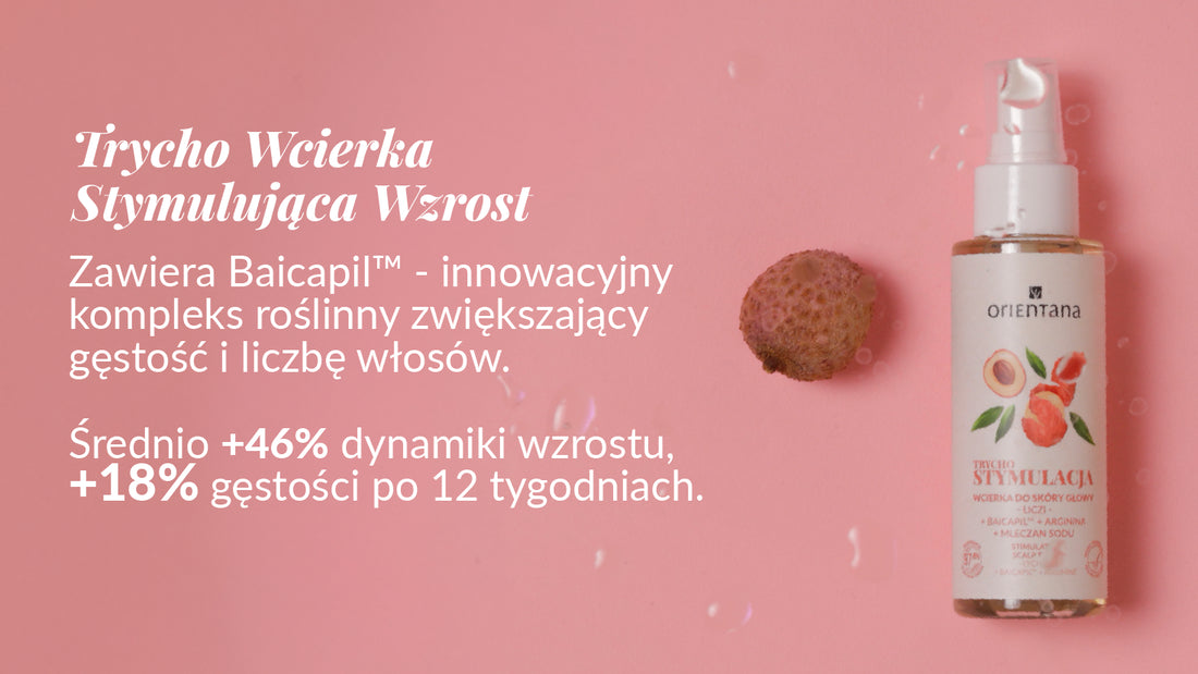 Trycho wcierka stymulująca wzrost Zawiera Baicapil - innowacyjny kompleks roślinny zwiększający gęstość i liczbę włosów. Średnio +46% dynamiki wzrostu, +18% gęstości po 12 tygodniach Orientana