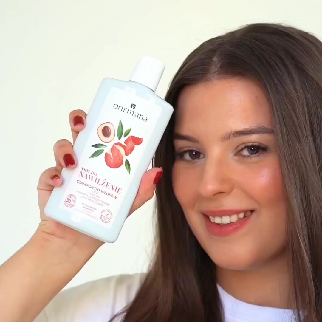 Load video: Szampon nawilżający trychologiczny Liczi Ektoina Prebiotyki Enzymy 200 ml - Orientana