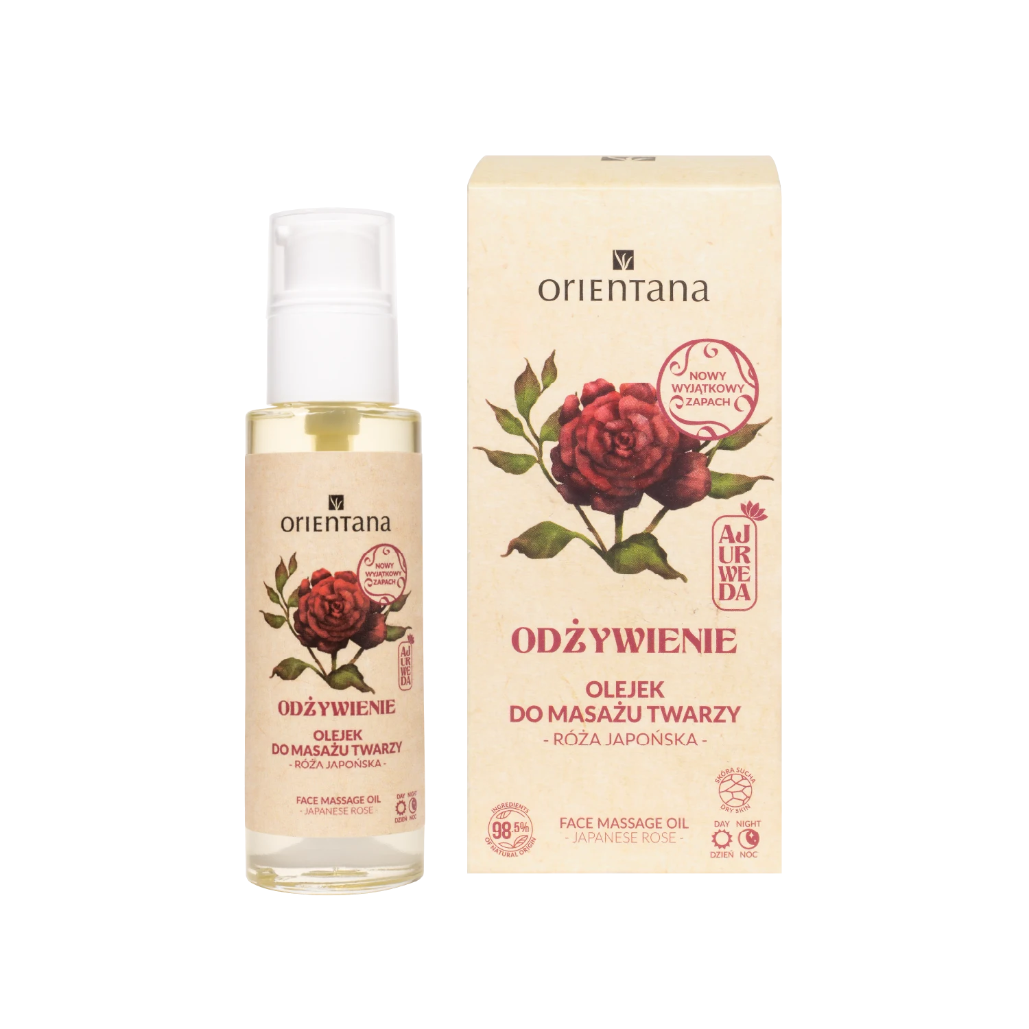 różany olejek orientana do masażu twarzy w szklanej butelce 30ml obok kartonik 