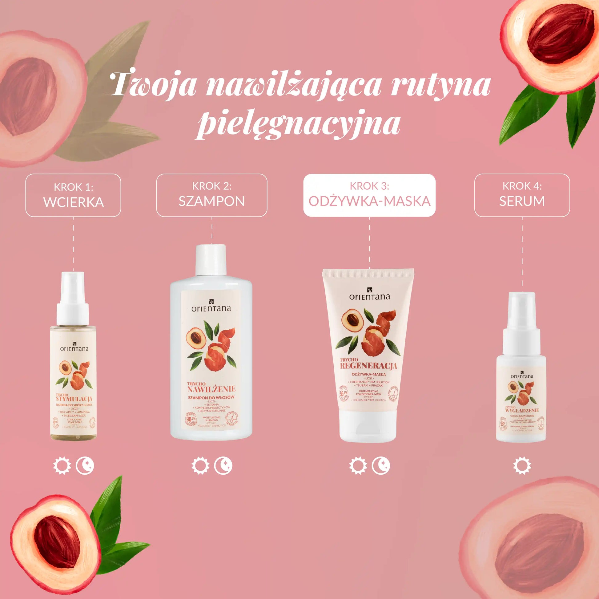 Twoja nawilżająca rutyna pielęgnacyjna. Krok 1 wcierka (rano i wieczorem), krok 2 szampon (rano i wieczorem), Krok 3 odżywko-maska (rano i wieczorem) i krok 4 serum (rano)